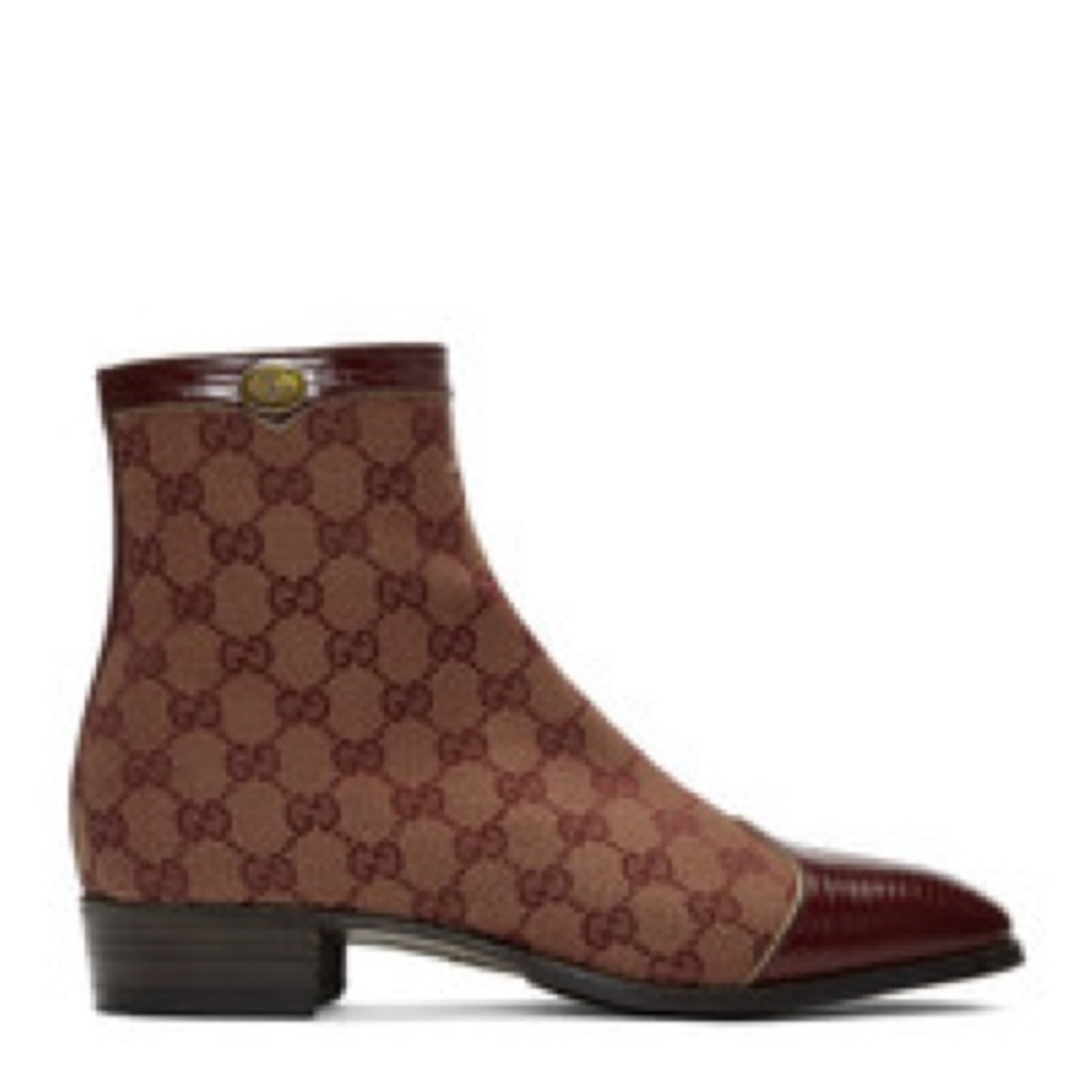 Pre-owned (Worn Once!) Men’s Gucci Burgundy Canvas Original GG Boots - Picture 3 of 4